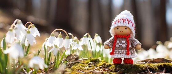 Fototapeta premium Charming handmade doll with snowdrops in spring forest setting Baba Marta