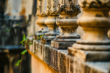 A row of stone pillars with ivy growing on them. The pillars are old and weathered, giving the scene a sense of history and nostalgia. The ivy adds a touch of natural beauty to the otherwise plain