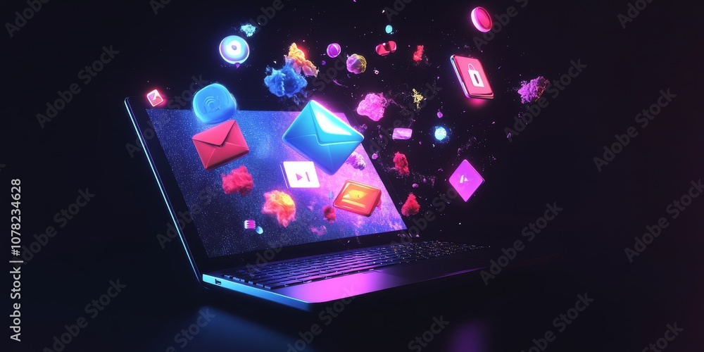 Poster a laptop with glowing lights shows many objects coming out of the screen. this could be used for an 