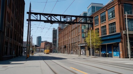 A deserted street in a city with a yellow bus in the distance, surrounded by brick buildings and a metal structure above the road.