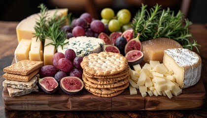Gourmet Cheese Board with Figs, Grapes, Crackers, and Rosemary