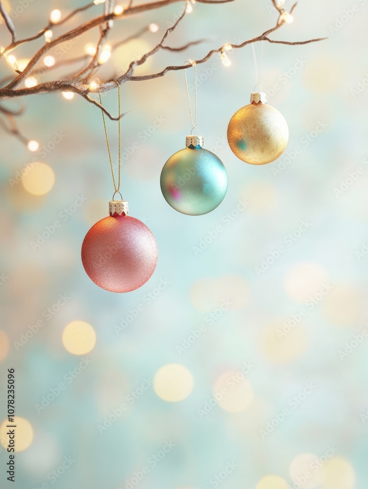 Aufkleber brightly colored christmas ornaments dangle from a branch, twinkling softly against a blurred backgr