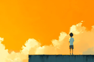 A boy stands on a ledge looking out at the sky. The sky is orange and cloudy. The boy is looking out at the clouds, and the scene has a peaceful, contemplative mood