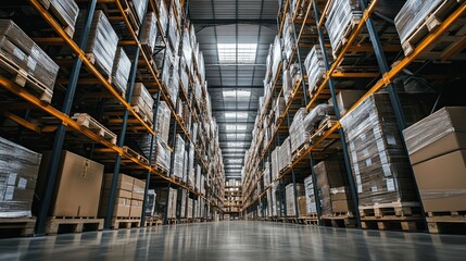 A Long Row of Palleted Boxes in a Large Warehouse