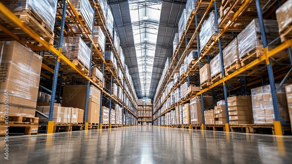 Poster rows of pallets stacked with cardboard boxes in a large warehouse