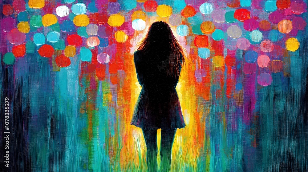 Poster silhouette of a woman against a colorful bokeh background in an abstract artistic style representing
