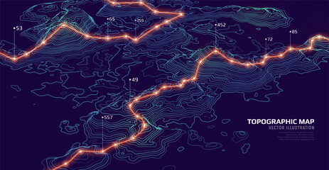 3D topographic map. Geographic contour map background with elevation lines. Detailed terrain visualization concept. Vector illustration of landscape elevations and natural relief.