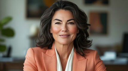 Fototapeta premium Confident Businesswoman with Warm Smile in Modern Office Setting