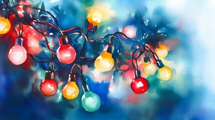 Watercolor Artistic using soft, brushy watercolor strokes, Single object picture - a string of fairy lights casting a warm glow over a festive scene