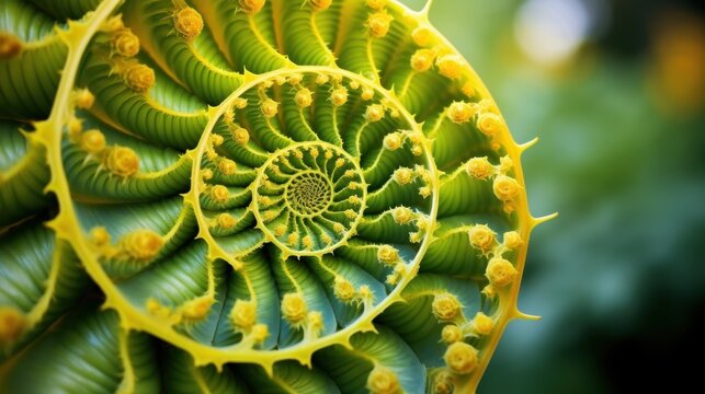Fototapeta Nature's spiral: close-up of a green fractal pattern in vibrant style Fibonacci Day