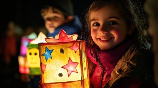 Joyful lantern festival night with smiling children celebrating with colorful star lanterns St. Martin's Day.