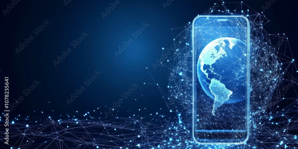 Poster a blue phone with a white screen shows a hologram of earth. the design is modern and uses a low-poly