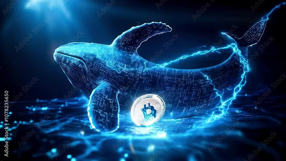 Aufkleber digital whale representing cryptocurrency market trends with blockchain elements and bitcoin symbol 