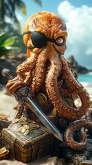Obraz premium A one-eyed octopus pirate stands guard over a treasure chest on a tropical beach.