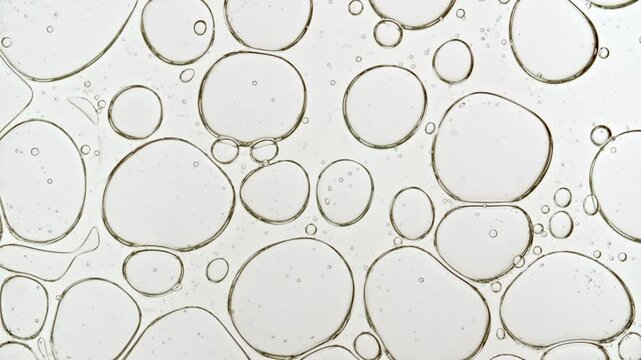 Bubble cluster, cells under a microscope. Transparent cosmetic gel fluid with molecule bubbles oil distribution. Macro Shot of Natural Organic Cosmetics, Medicine. Production Close-up. Slow Motion. 4k
