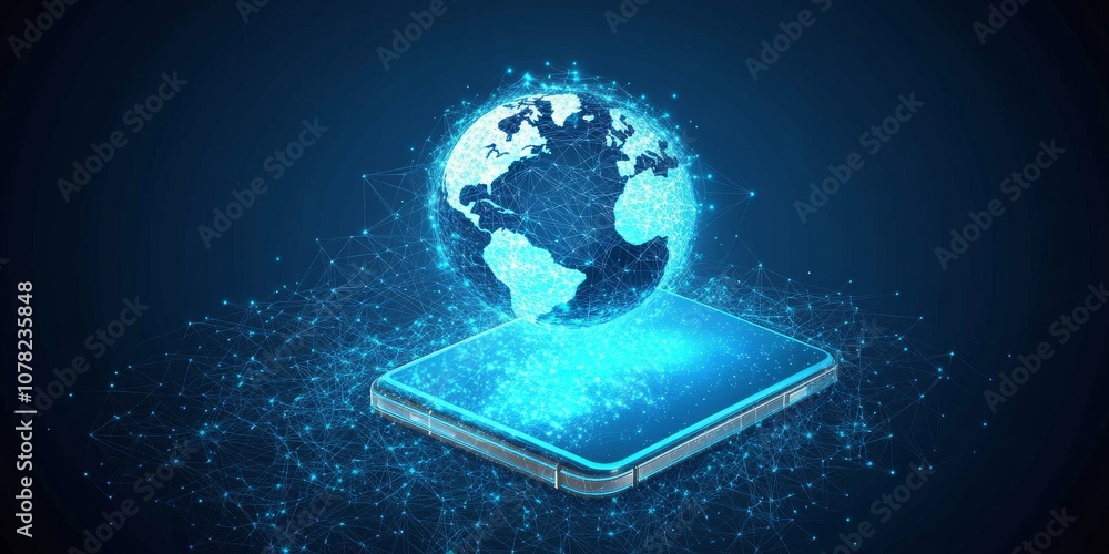 Poster a blue phone with a white screen shows a hologram of earth. the design is modern and uses a low-poly