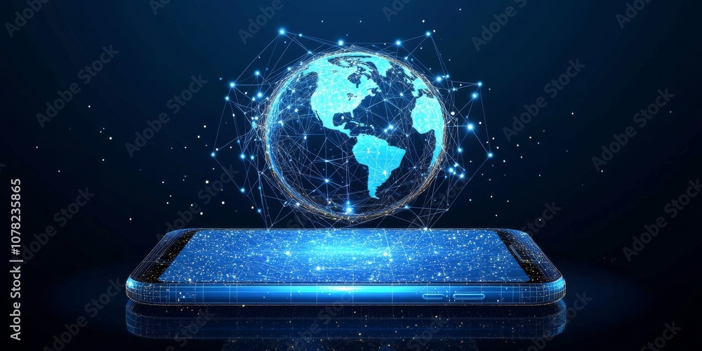 Poster a blue phone with a white screen shows a hologram of earth. the design is modern and uses a low-poly