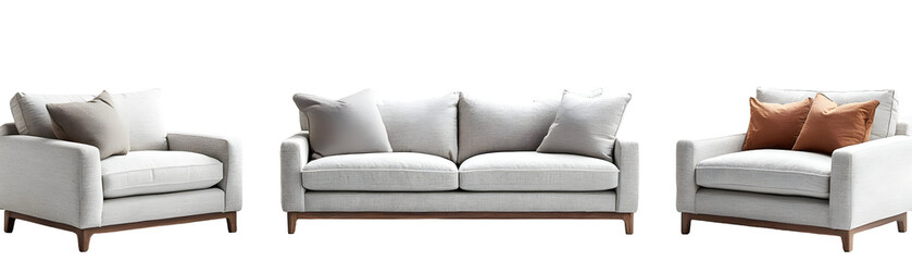 Obraz premium Gray and Beige Fabric Sofa and Armchairs with Cushions, Set for Living Room, Isolated on Transparent Background