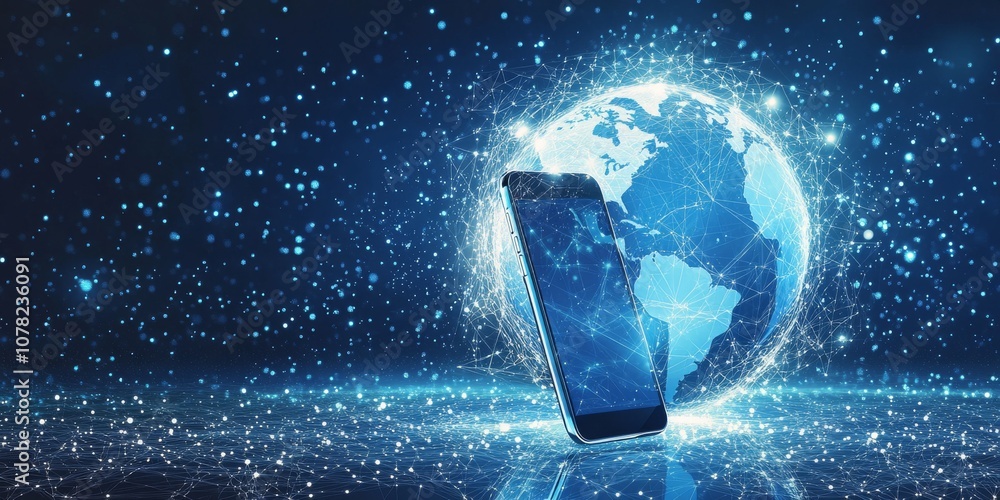 Poster a blue phone with a white screen shows a hologram of earth. the design is modern and uses a low-poly