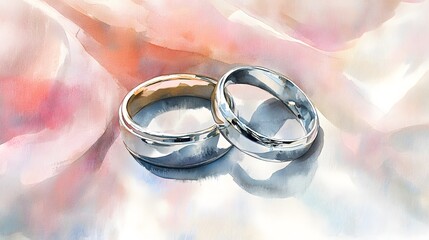 Watercolor Artistic using soft, brushy watercolor strokes, Single object picture - a pair of wedding bands resting together on a satin cushion