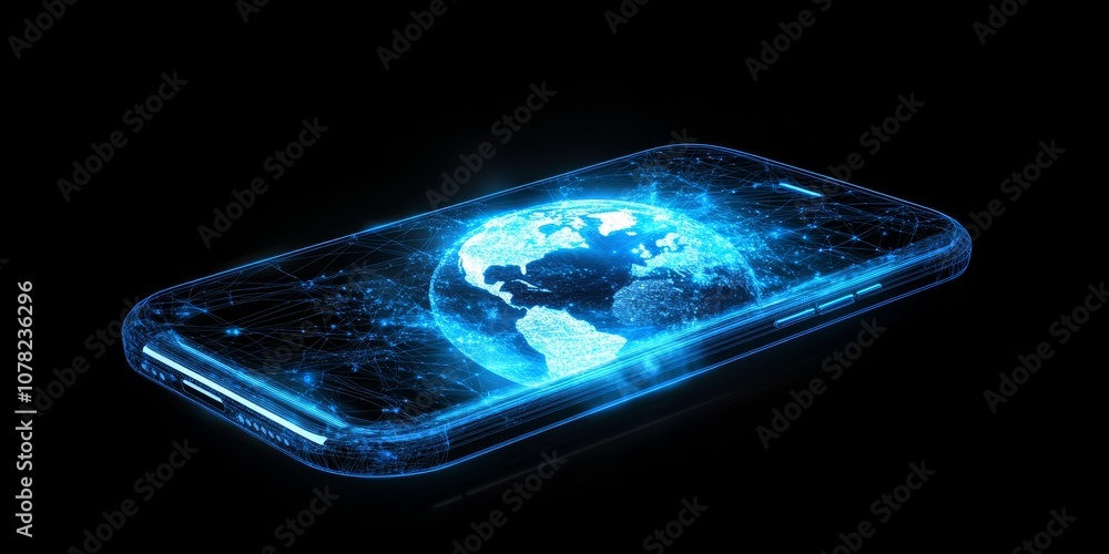 Poster a blue phone with a white screen shows a hologram of earth. the design is modern and uses a low-poly