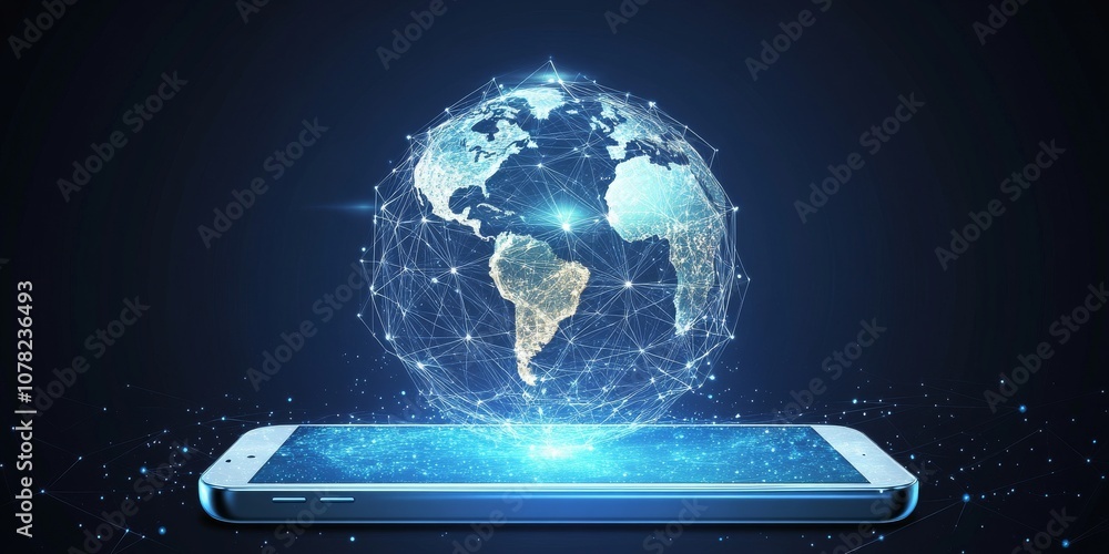 Poster a blue phone with a white screen shows a hologram of earth. the design is modern and uses a low-poly