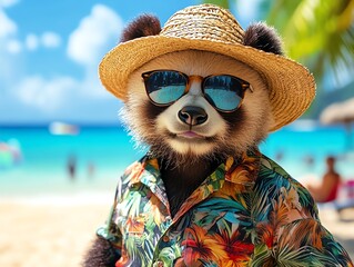 A panda wearing a straw hat, sunglasses, and a tropical shirt on a beach.