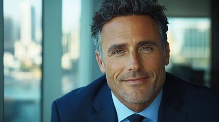 Fototapeta premium Confident Businessman in a Modern Office with City View