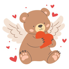 A flat vector illustration in a simple children's style. Cute cupid bear with wings, hearts. Vector illustration