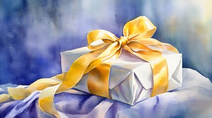 Watercolor Artistic using soft, brushy watercolor strokes, Single object picture - a soft satin ribbon wrapped around a celebration gift