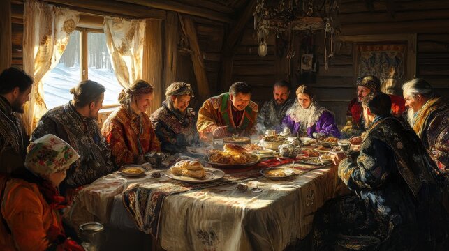 Yakut family gathering in a cozy wooden home, traditional meal, warmth contrasting outside cold