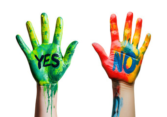 Colorful painted hands with "YES" and "NO" in bold letters for expressive communication, Cutout, Isolated on White Background