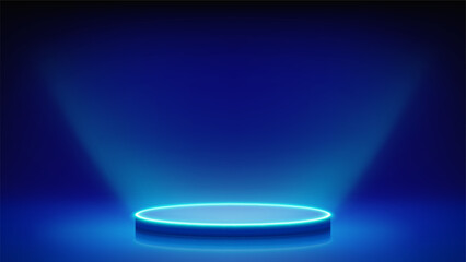 Futuristic blue stage, glowing podium. Blue room, round cyan neon pedestal podium illuminating advertised product from below. Background. Displaying products, presentation. Showcase. Backdrop. Vector