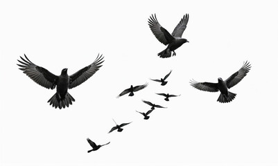 Naklejka premium A flock of birds flies in formation against a white sky