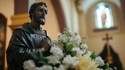 Feast of St. Francis Xavier Serenity and faith in a church: saintly statue amidst flowers