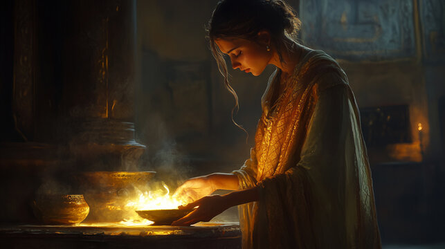 Hestia tending a glowing hearth, her expression serene and warm, with gentle light illuminating her modest attire
