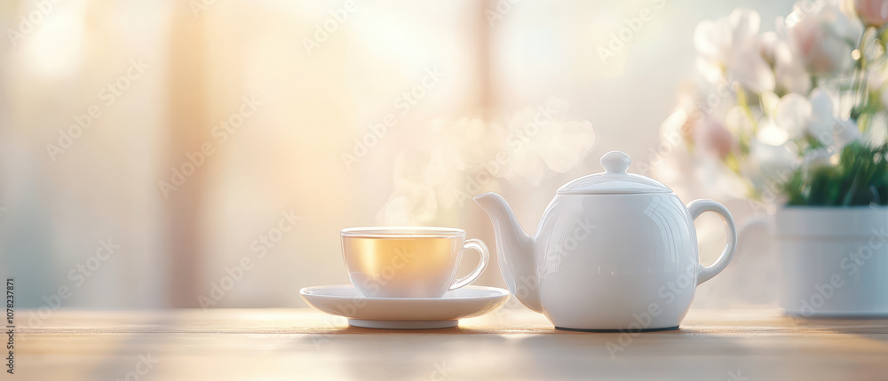 Poster minimalist teapot and cup set with steam rising, creating warm and inviting atmosphere. soft light e