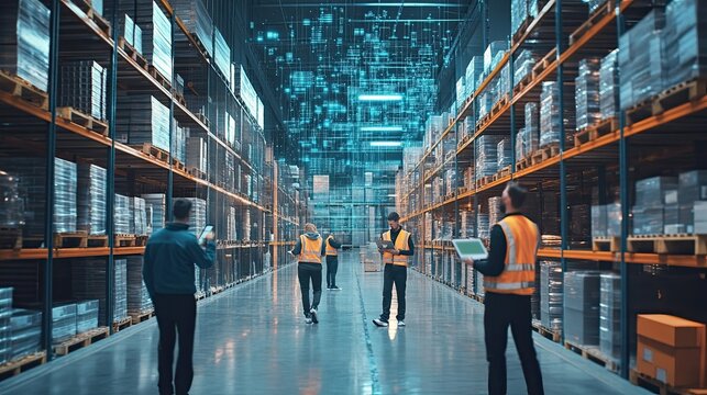 Workers in a Modern Warehouse with Digital Network Overlay