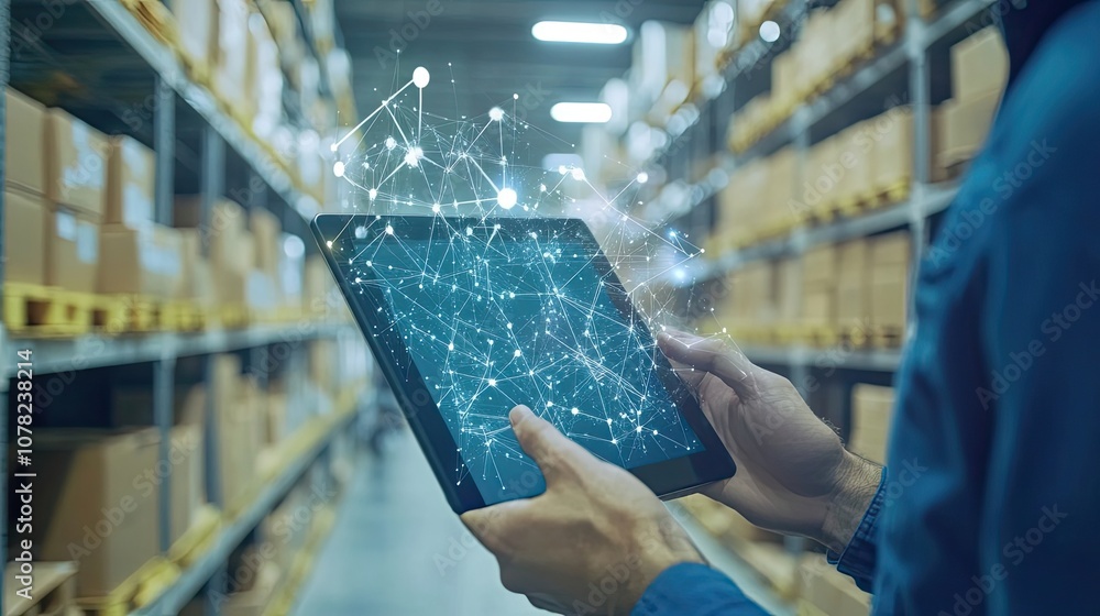 Poster worker in a warehouse using a tablet with a network visualization