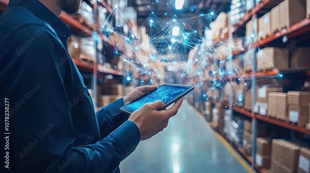Poster man using tablet in a warehouse with digital network overlay