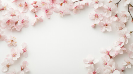 Pink Cherry Blossom Flowers Frame on White Background