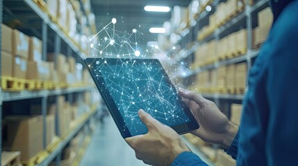 Worker in a Warehouse Using a Tablet with a Network Visualization