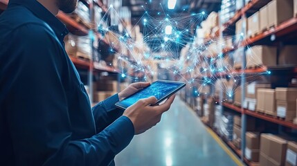 Man Using Tablet in a Warehouse with Digital Network Overlay