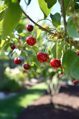 Obraz premium Fresh red cherries on a tree branch in a sunlit orchard