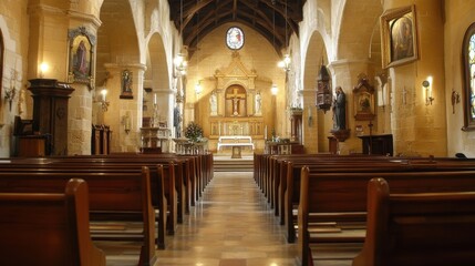 Feast of St. Paul's Shipwreck Historic church interior with stained glass and wooden pew aisle