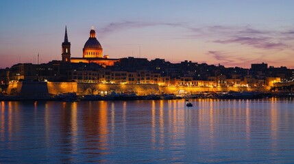 Obraz premium Feast of St. Paul's Shipwreck Tranquil evening view of valletta waterfront at sunset, captured in warm golden and blue hues