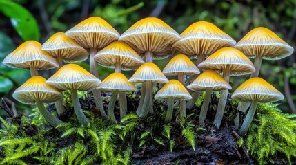 Fototapeta premium Vibrant Yellow Mushrooms Surrounded by Lush Green Moss in a Moist Forest Environment Creating a Stunning Natural Scene