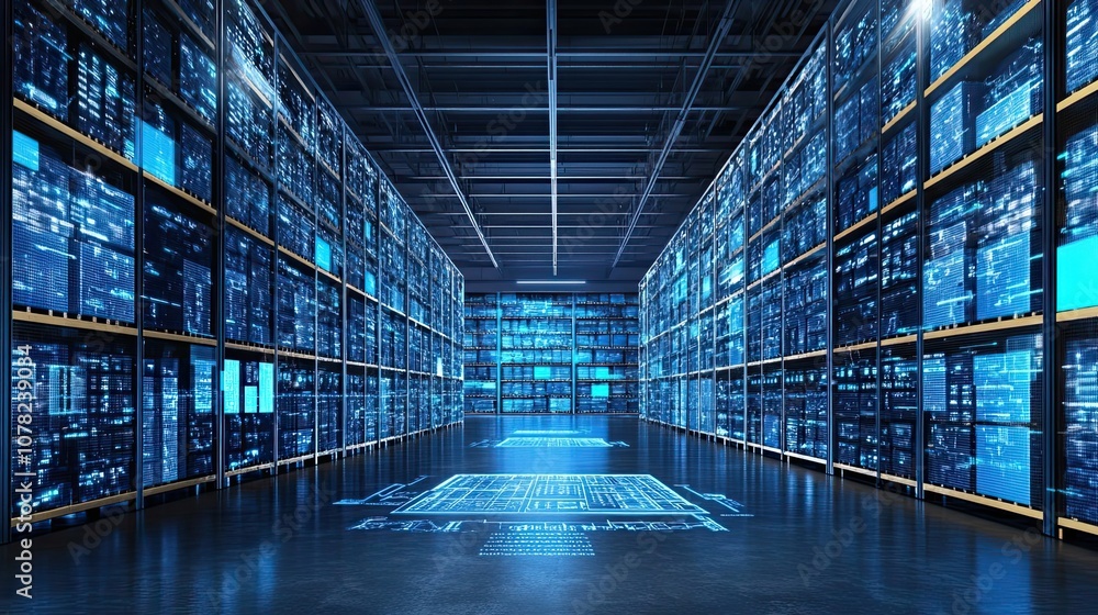 Aufkleber a futuristic data center with rows of illuminated servers