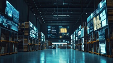 Futuristic Warehouse with Rows of Digital Screens and Storage Shelves