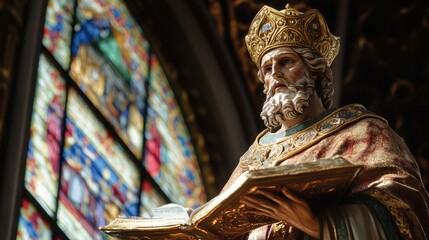 Fototapeta premium Feast of St. Ambrose Religious figure in ornate attire with intricate stained glass window background